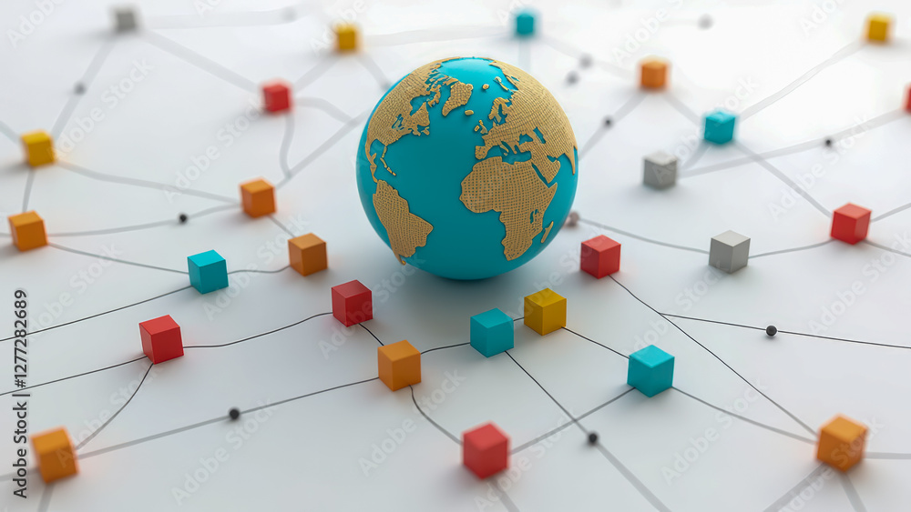 Poster colorful globe on abstract network background representing global connections and international comm