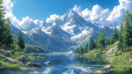 Fototapeta premium Snow-capped mountains tower over a crystal-clear lake, reflecting the blue sky, with pine trees along the shore and birds soaring above.