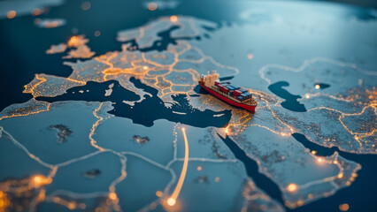 Detailed 3D Map of Europe with Ship and Illuminated Cities Depicting Trade Routes and Maritime Navigation in Blue and Yellow Tone