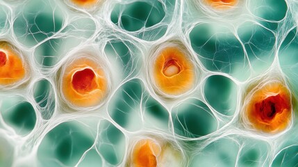 A close-up of aging cells under a microscope in a laboratory. Featuring cellular aging and loss of function