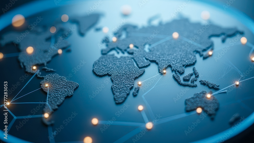 Poster a detailed close-up of a world map with illuminated dots and connective lines representing global ne