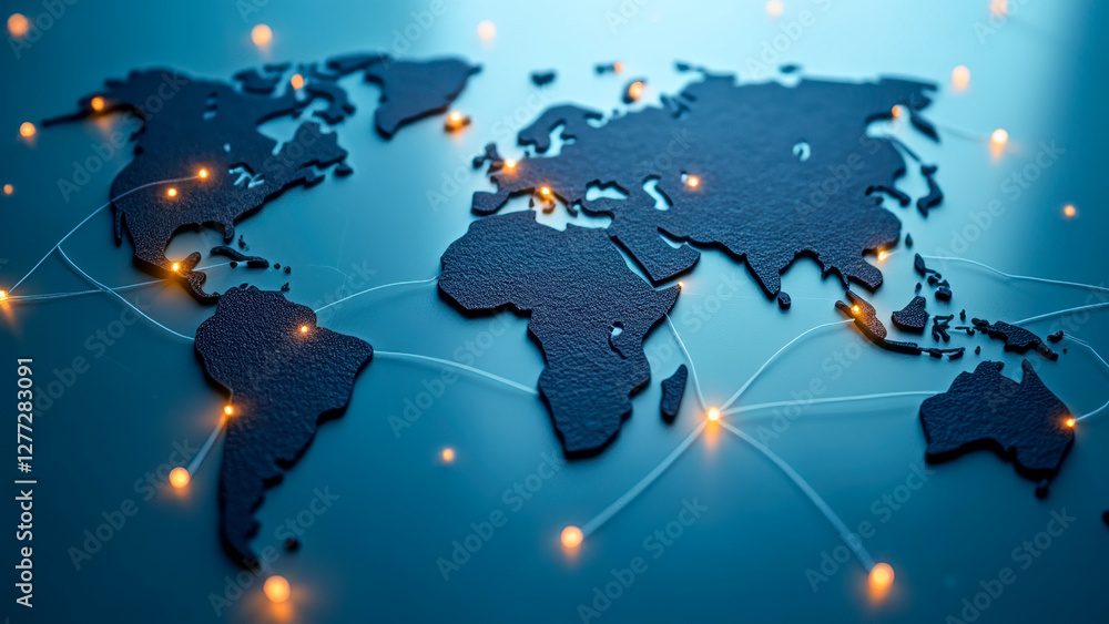 Poster global connections with illuminated pathways on a blue background representing international communi