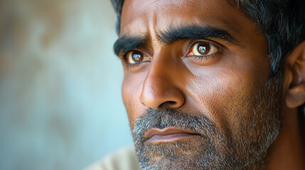 A contemplative Indian man gazing into the distance, his deep brown eyes reflecting thoughtfulness