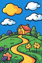 Fototapeta premium A yellow house sits on a hill with a winding path leading up to it. There are clouds in the blue sky above.