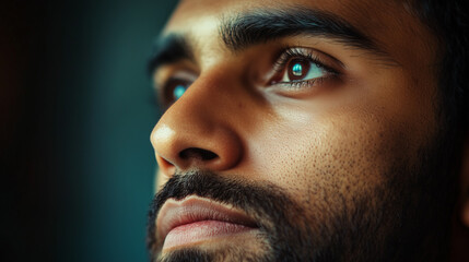 A contemplative Indian man gazing into the distance, his deep brown eyes reflecting thoughtfulness