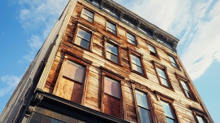 Obraz premium Vintage Building with Weathered Wood and Empty Windows Under Blue Sky