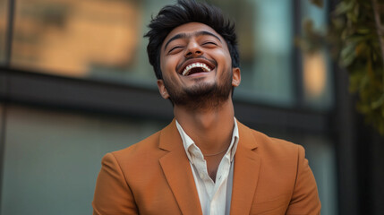 Obraz premium A young Indian man laughing heartily, dressed in a modern blazer, his joyful energy infectious