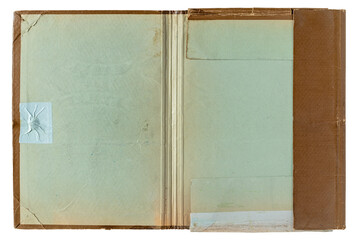 Old faded open empty paper folder top view isolated
