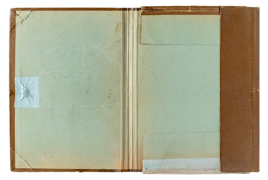 Old faded open empty paper folder top view isolated