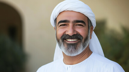A confident Arab man with a neatly trimmed beard, wearing a white kandura, smiling warmly as he looks directly at the camera