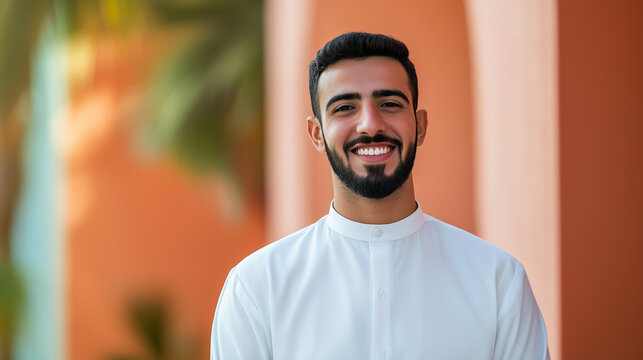 A confident Arab man with a neatly trimmed beard, wearing a white kandura, smiling warmly as he looks directly at the camera
