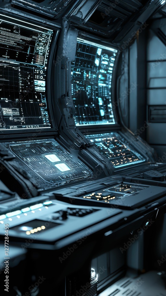 Poster futuristic control room with high-tech screens and interfaces
