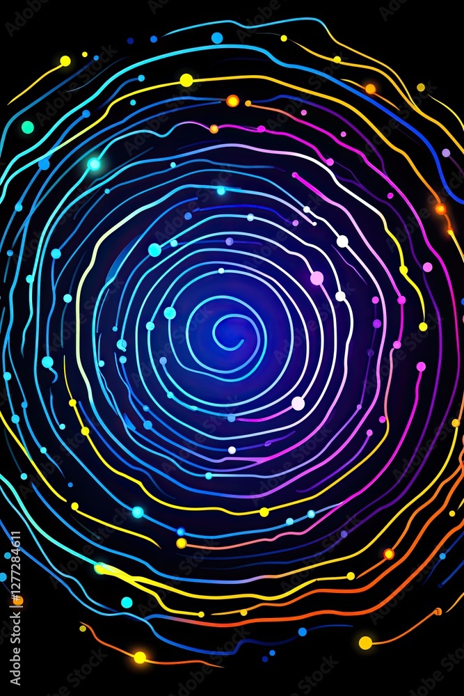 Poster abstract colorful glowing lines and dots in a circular pattern on black background.
