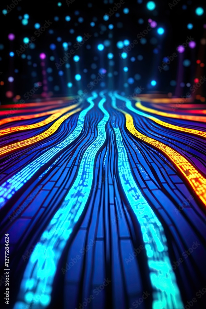 Poster abstract colorful glowing lines flowing from a bright light source, creating an illusion of a road.