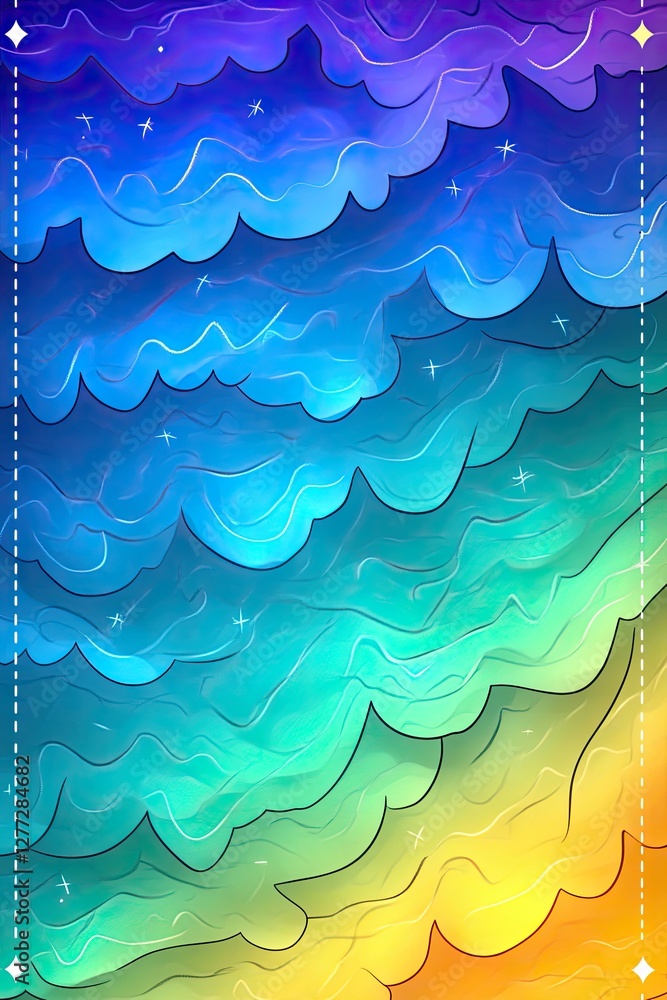 Poster abstract colorful gradient background with wavy lines and stars.