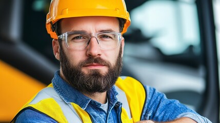 Serious Construction Worker Portrait Man with Beard in Yellow Hard Hat and Vest