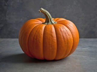 A pumpkin with a deep orange hue is positioned on a light gray stone surface