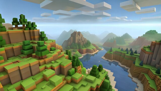 Forested voxel hills with river and distant mountains. Game texture world. Cube landscape illustration background abstract, 3d nature, game earth cube voxel surface landscape 