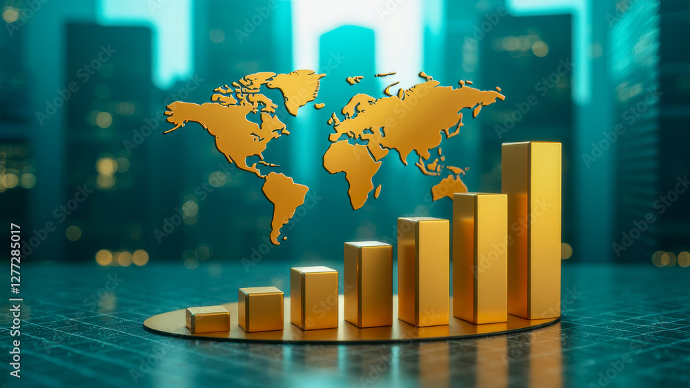 Poster golden bar graph growth with world map background for business and finance concepts in urban environ