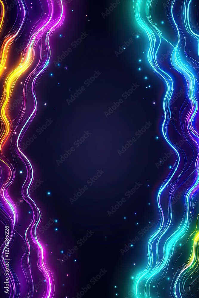 Poster abstract colorful neon waves frame with copy space on a dark background.