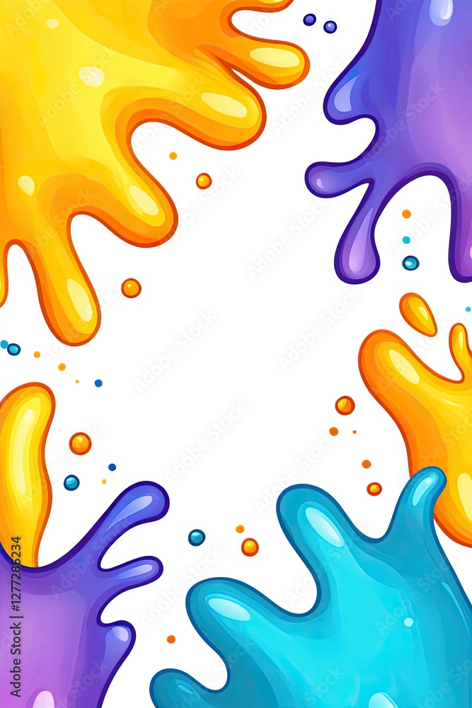 Poster abstract colorful paint splatter frame with space for text on white background.