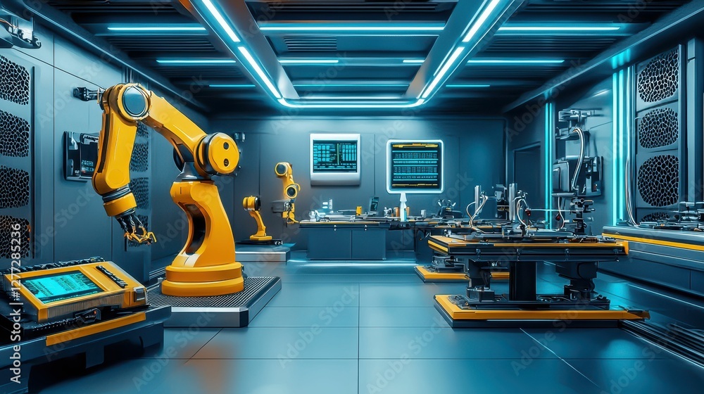 Poster advanced robotics laboratory with industrial robots and machinery