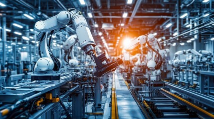 Advanced Industrial Robots Working Together in High-Tech Factory