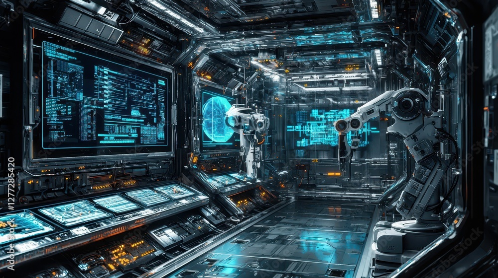 Poster futuristic laboratory with robots and high-tech control panels