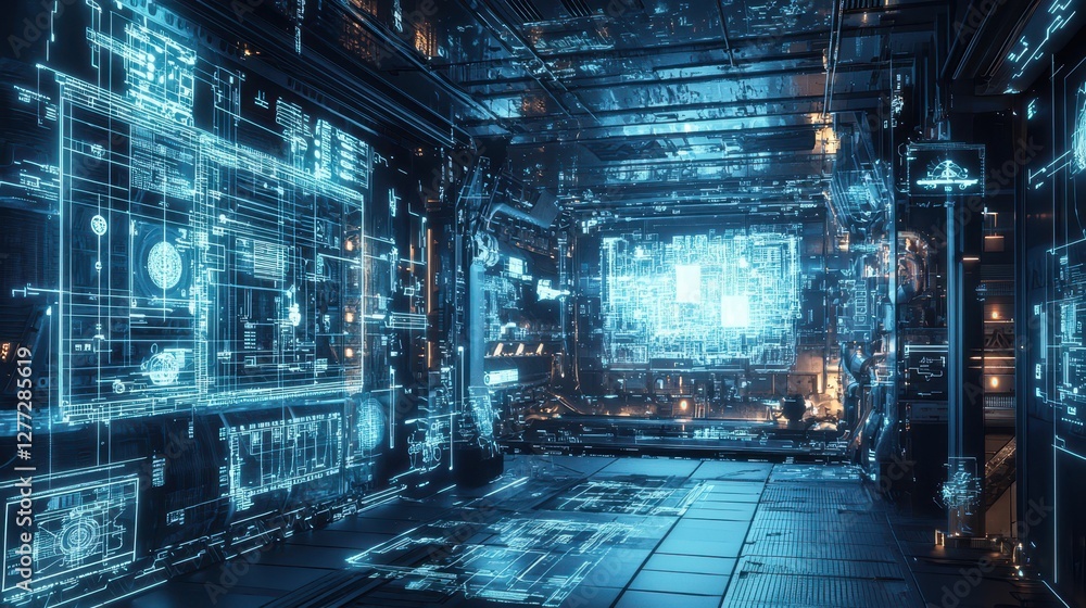 Poster futuristic digital environment with glowing circuit patterns