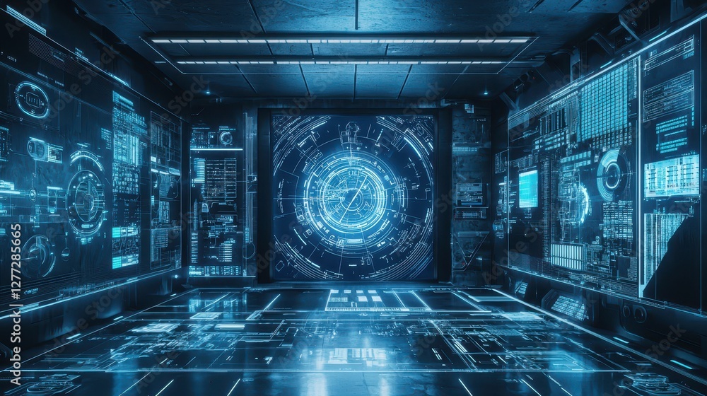 Poster futuristic interface with digital elements in sci-fi room setting