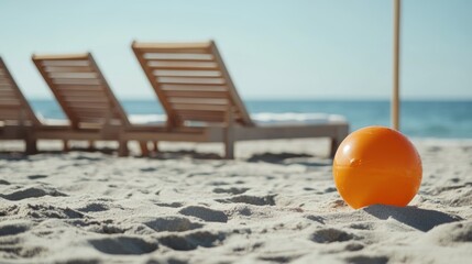 Relaxing beachside setting with lounge chairs and an orange beach ball on soft sand under a clear blue sky