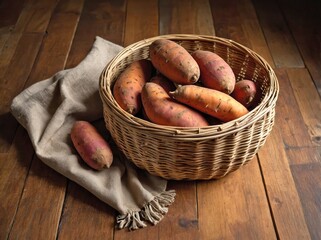 A small, round woven basket filled with sweet potatoes sits on a rustic wooden floor.