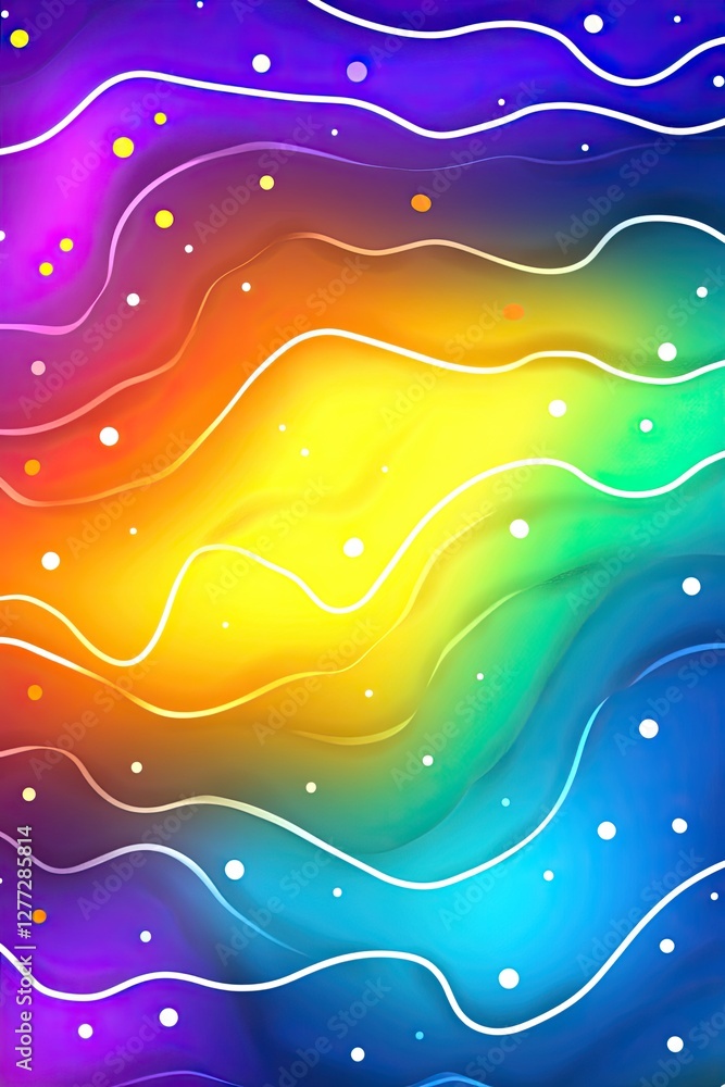 Poster abstract colorful wavy background with white lines and dots.