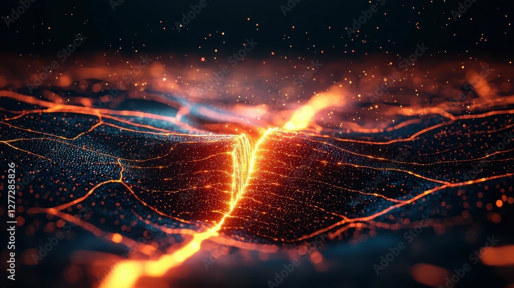 Poster abstract background of glowing lines and particles on dark surface