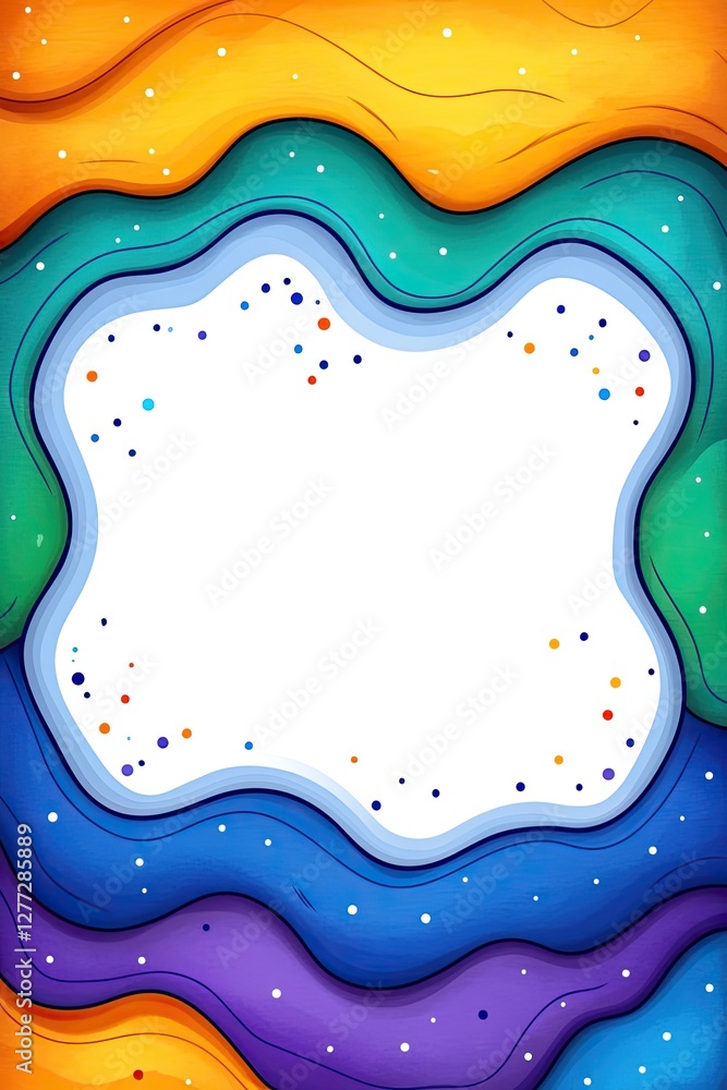 Poster abstract colorful wavy frame with white background and confetti for text or design.