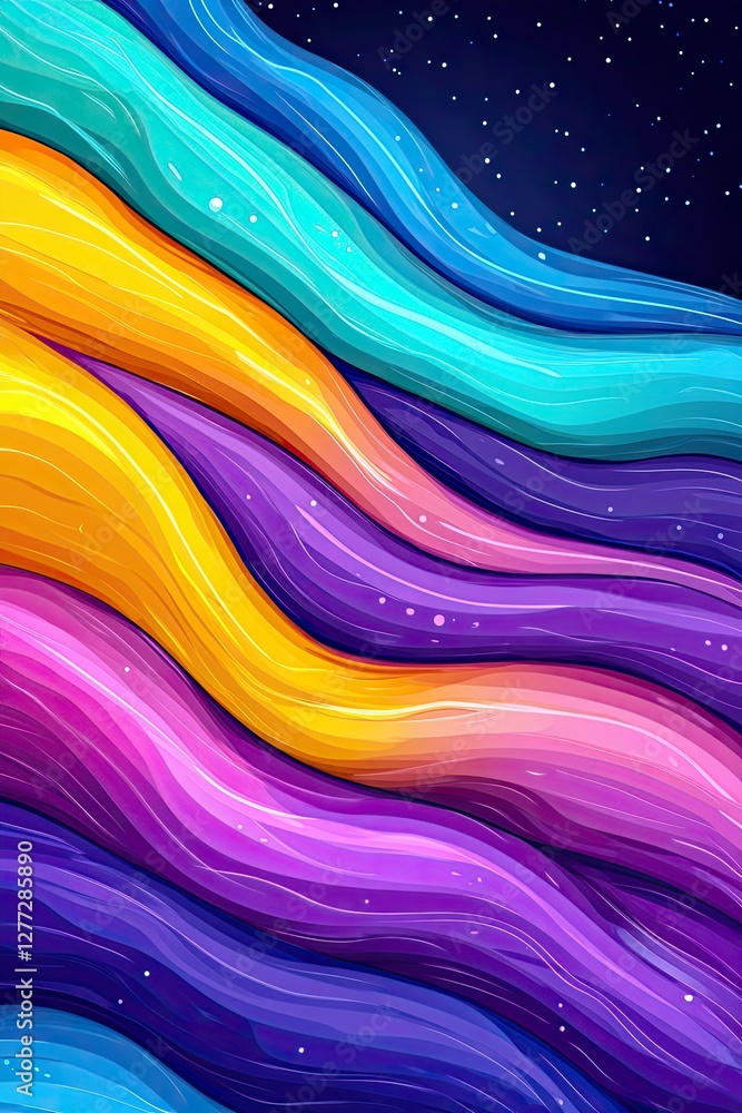 Poster abstract colorful wavy lines on a dark background with scattered stars.