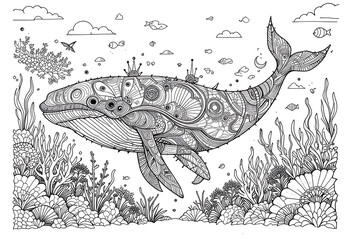 Fototapeta premium Whale coloring page for ocean book, sea animal outline drawing underwater, wildlife illustration in black and white line art for children aquatic marine education