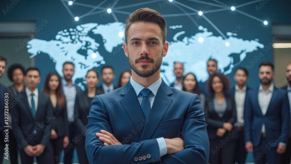 Poster confident business leader in front of diverse team with digital world map background in modern offic