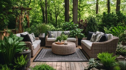 Fototapeta premium Cozy outdoor living space surrounded by lush greenery with comfortable seating and natural decor