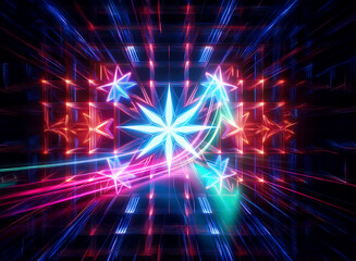 Abstract double exposure with vibrant geometric lines and glowing stars creates a dynamic, futuristic and visually striking effect.