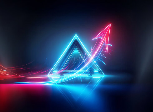 Vibrant double exposure neon art displays a blue triangle and a red arrow pointing upwards, glowing against a dark reflective backdrop.
