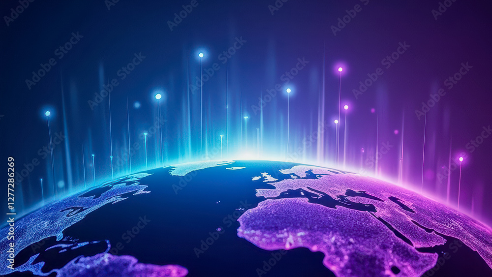 Aufkleber vibrant digital earth visualization with neon colors and data points representing global connectivit
