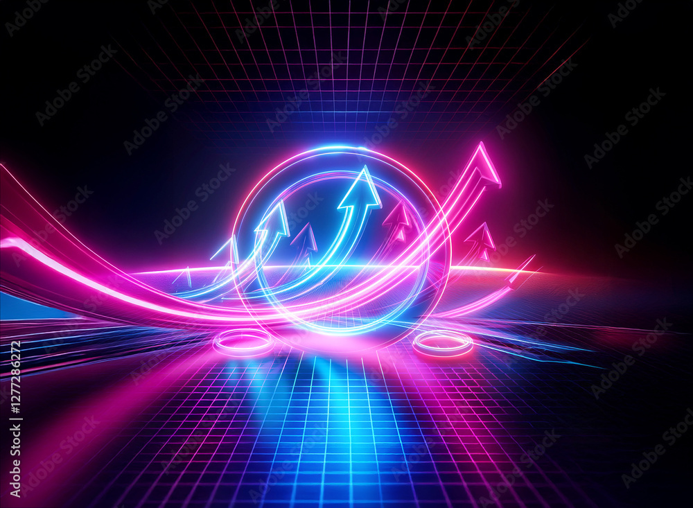 Aufkleber vibrant neon arrows ascend dynamically in a grid space, creating a double exposure effect. pink and 