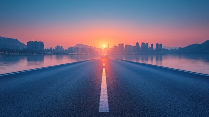 Obraz premium Empty road leading to sunrise city skyline