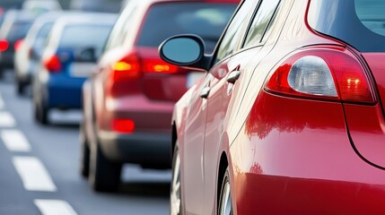 Naklejka premium Vehicles on Asphalt Road with Reddish Pink Car in Focus and Traffic