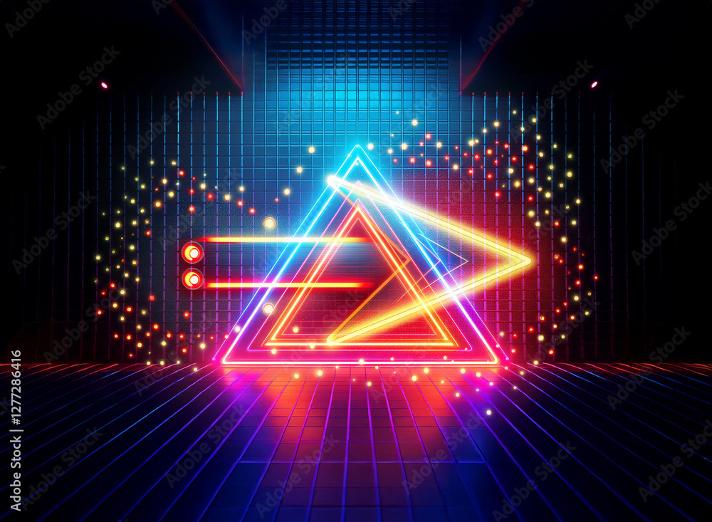 Poster abstract double exposure art featuring a vibrant neon triangle. red and yellow light illuminates a g