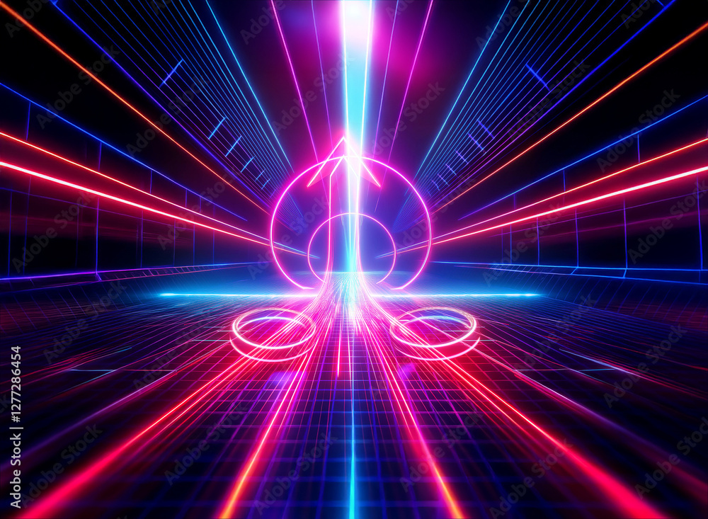 Aufkleber abstract neon scene with glowing lines and shapes, creating a double exposure effect. vibrant blue a