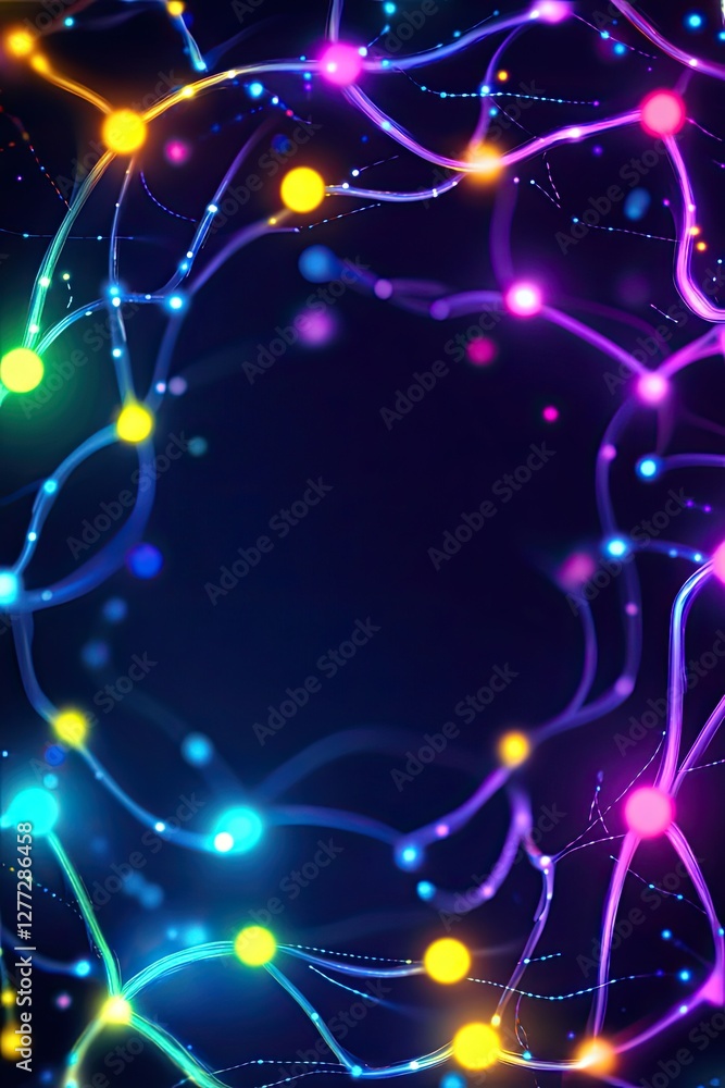 Poster abstract glowing neon lines and dots forming a circular frame on dark background.