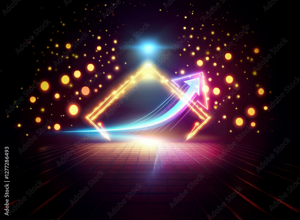 Poster vibrant double exposure art featuring a neon arrow and square frame against a dark background with b