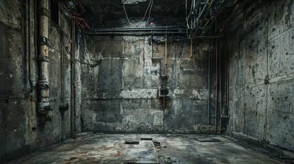Fototapeta premium Abandoned Industrial Space with Grungy Concrete Walls and Pipes
